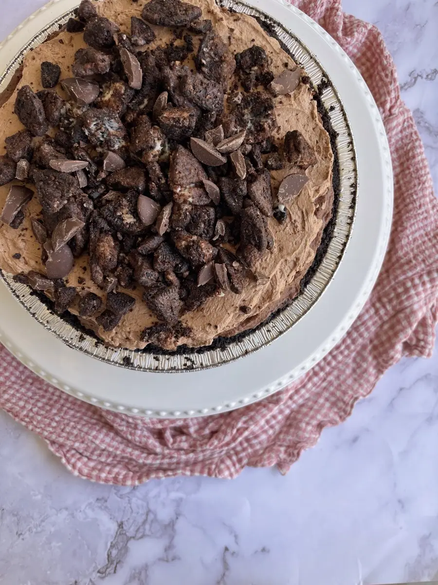 Chocolate mousse pie with cookie chunks and Oreo crust