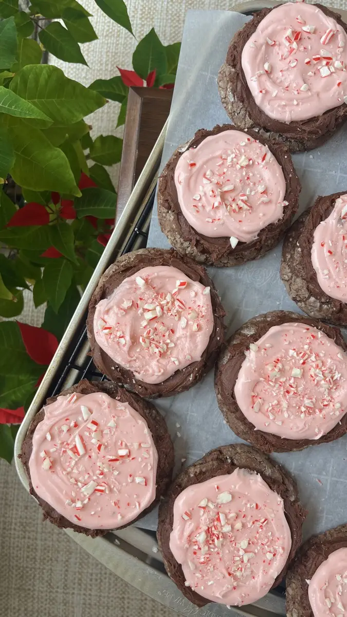 Chocolate peppermint cookies with pink frosting and crushed candy cane